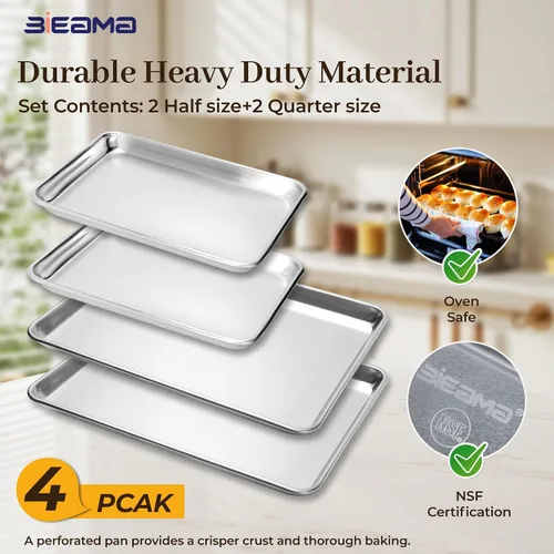 Miniatura 5 de BIEAMA Juego de 4 bandejas de aluminio para hornear, 2 bandejas de media hoja y 2 cuartos de tamaño, hojas comerciales de galletas resistentes