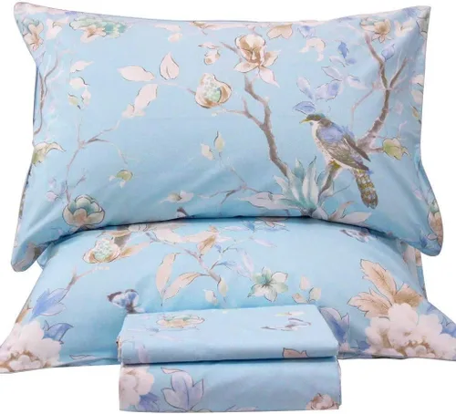 Miniatura 20 de QSH Juego de sábanas tamaño King con estampado floral - Estampado botánico de flores verdes, pájaros y mariposas, ropa de cama de algodón egipcio