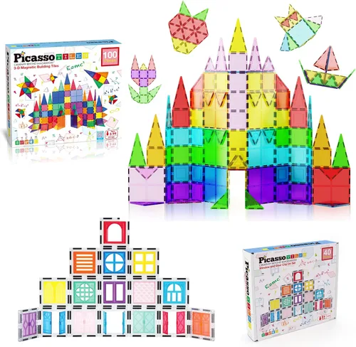 PicassoTiles Paquete de 100 azulejos magnéticos + 40 piezas de clip para ventanas y puertas: STEAM juego educativo para juegos de construcción