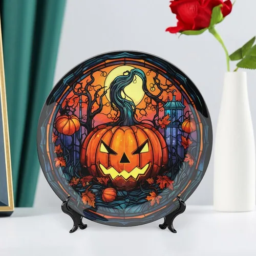 Miniatura 6 de Platos decorativos de Halloween, calabaza en el bosque, 31 de octubre por la noche, vitral, plato de cena de cerámica con soporte de exhibición