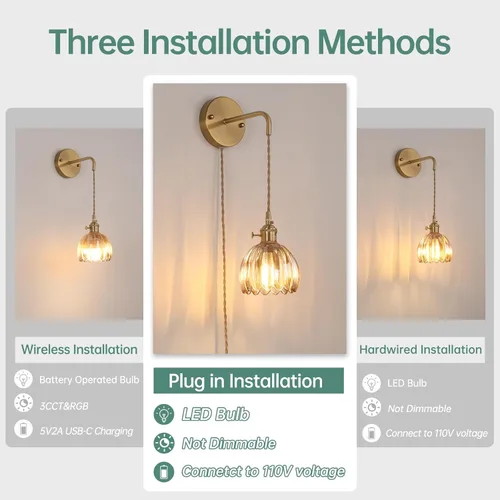 Miniatura 2 de Shenmoyl Candelabro de Pared Operado por Batería con Soporte de Cadena Ajustable, Patrón de Tulipán Verde, Vidrio con Diseño Retro en Oro, Lámpara