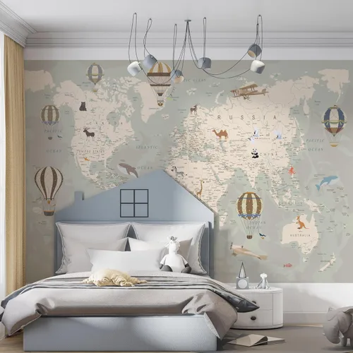 Miniatura 5 de Papel tapiz de mapa del mundo para niños con animales, calcomanías educativas para despegar y pegar, murales de guardería para bebés, niños