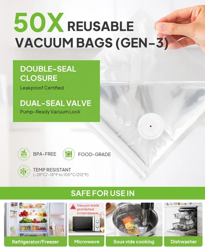 Miniatura 7 de Sellador al vacío compacto para alimentos (máquina selladora al vacío de mano + 30 bolsas al vacío reutilizables), potente sellador de alimentos