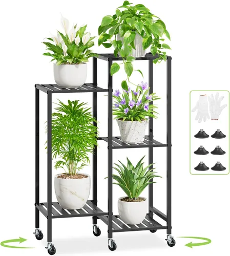 Miniatura 9 de iDavosic.ly Soporte para plantas de 4 niveles para interiores con ruedas, estante de metal escalonado para flores al aire libre para macetas Negro