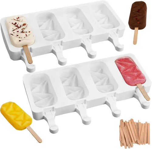 Sakolla 2 paquetes de moldes de silicona para paletas, moldes de helado de diamante de 4 cavidades con 50 palos de madera para paletas de hielo,