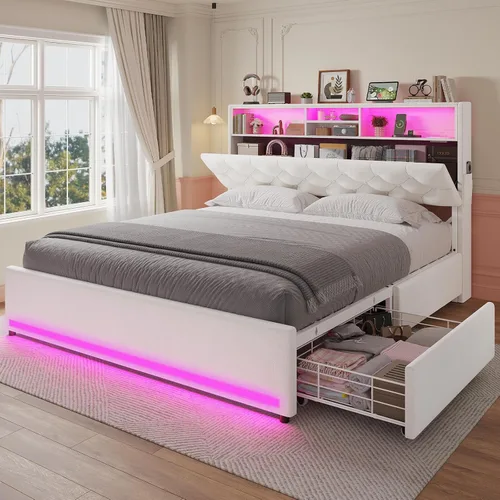 Miniatura 10 de HAUOMS Cama Twin con Cabecera de 3 Niveles y Almacenamiento Oculto, Marco LED Tapizado con 4 Cajones y Estación de Carga, Cama de Plataforma de Pu