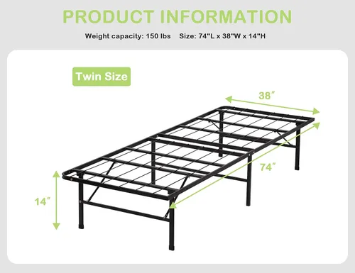 Miniatura 2 de Base de cama individual de 14 pulgadas de alto, plataforma de metal plegable con soporte de listones de acero, sin ruido, no necesita somier