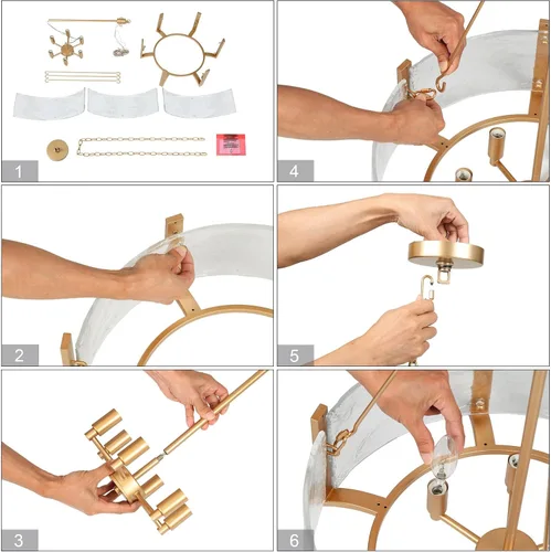 Miniatura 9 de ZEVNI Candelabro de tambor dorado, lámpara de cristal dorado para isla de cocina, lámpara moderna de 6 luces para comedor, entrada, vestíbulo