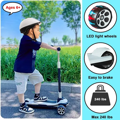 Miniatura 4 de Patinete plegable para niños de 3 a 12 años, 5 alturas ajustables con 3 ruedas de luz LED, actividades al aire libre para niños y niñas, carga Negro