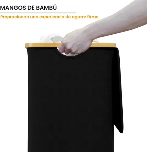 Miniatura 4 de SpaceAid Cesta de lavandería con tapa, 110L de gran capacidad, cesta alta para ropa con asas de bambú, cesta plegable para dormitorio, baño, Negro
