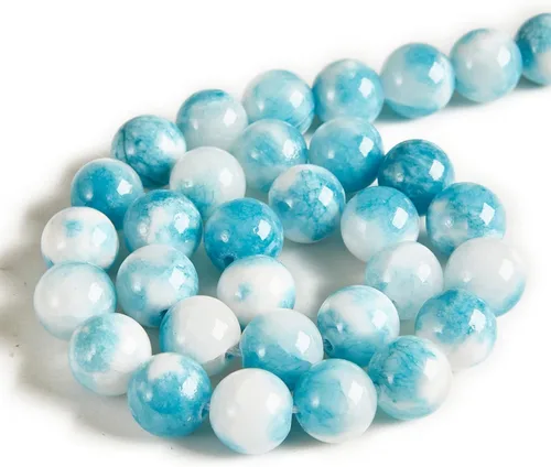 Miniatura 2 de 45 cuentas de jade azul y blanco de 0.315 pulgadas, cuentas de piedras preciosas naturales redondas sueltas para hacer joyas Jade blanco azul