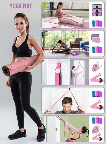 Miniatura 2 de Esterilla de yoga de 1/3 pulgadas de grosor, juego de yoga para principiantes incluye esterilla de alta densidad con correa de múltiples asas, Azul