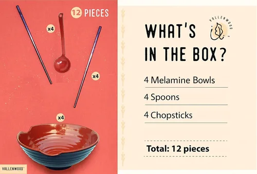 Miniatura 4 de Juego de 4 cuencos de ramen XL. 12 piezas Pho Bowls. Sopa japonesa asiática. Utensilio: cucharas y palillos. Melamina, grande 52 oz. Fideos, arroz