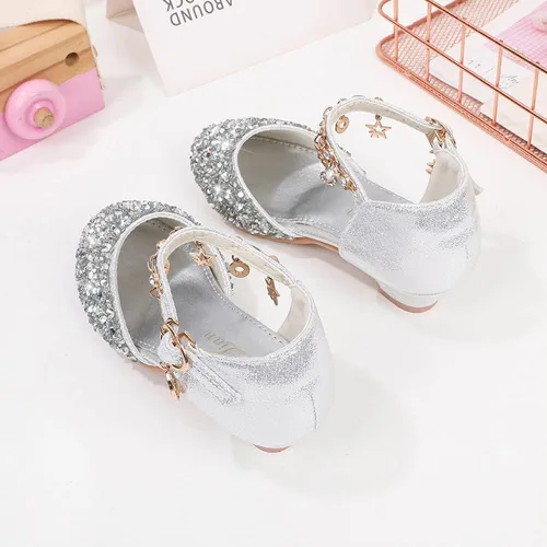 Miniatura 4 de ChuLian Sandalias para niñas con purpurina para niños, zapatos de vestir de tacón bajo con lentejuelas, sandalias de princesa para niñas pequeñas