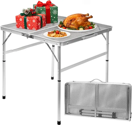 Miniatura 16 de Mesa plegable de 4 pies con escritorio de malla metálica, mesa de campamento con asa de transporte, altura ajustable (16.5 y 26 pulgadas), mesa al