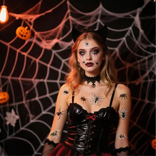 Miniatura 3 de Tatuajes temporales de araña de Halloween, calcomanías de arte facial y corporal, 10 hojas de calcomanías de tatuaje para el día de los muertos