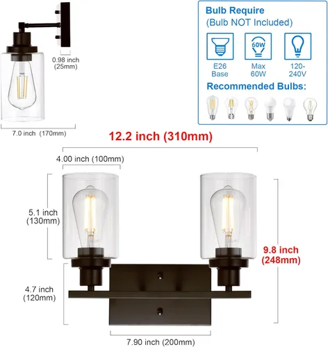 Miniatura 5 de MELUCEE Iluminación Industrial de Baño de 2 Luces, Bronce Frotado con Aceite con Pantalla de Vidrio Transparente, Accesorios de Iluminación