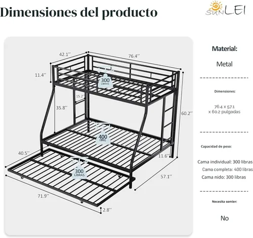 Miniatura 2 de SUNLEI Literas de Metal con Escaleras Doblemente Aseguradas, Litera Individual sobre Completa con Barandillas de Seguridad Circundantes, Camas