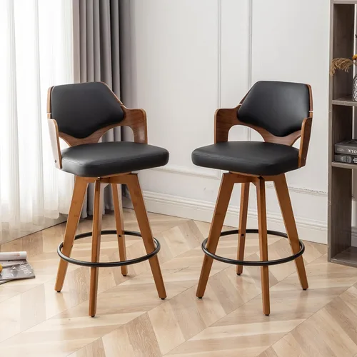 Miniatura 13 de MEKLIBA Juego de 2 taburetes de bar giratorios de altura de mostrador, silla de bar tapizada con patas de bambú, taburetes de mostrador con respaldo