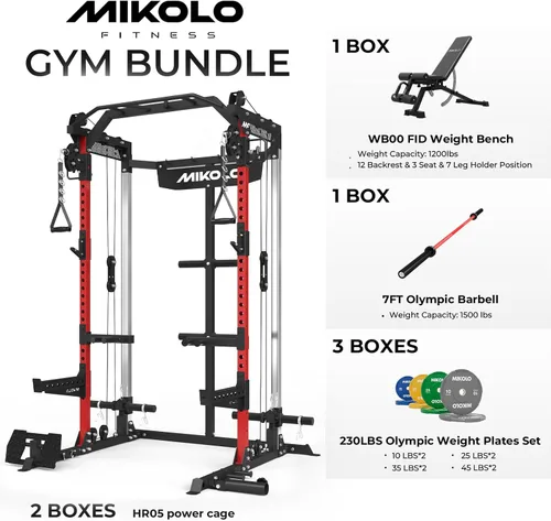 Miniatura 2 de Mikolo - Jaula de fuerza, estante de potencia de 2000LB con sistema de polea doble independiente, máquina de entrenamiento multifunción