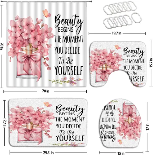 Miniatura 2 de Juego de 4 cortinas de ducha para niñas, diseño floral, mariposa, rosa, frases, inspiradoras, palabras motivacionales, día de San Valentín, moderno