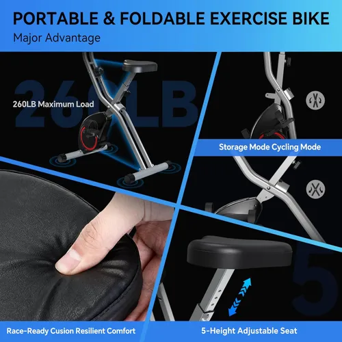 Miniatura 3 de Bicicleta estática plegable ligera de 33 libras para apartamentos pequeños, bicicletas estacionarias para entrenamiento en casa, bicicleta