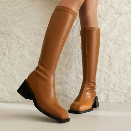 Miniatura 7 de vivianly Botas altas hasta la rodilla para mujer, tacón grueso, punta cuadrada, con cremallera, botas largas