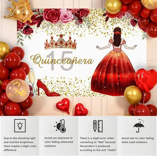 Miniatura 6 de YongFoto Telón de fondo de quinceañera de 5 x 3 pies para quinceañera de cumpleaños de 15 años, corona floral de rosa, fondo de cumpleaños
