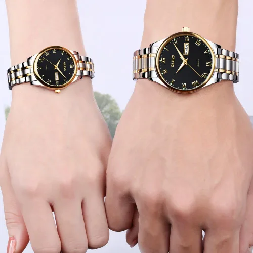Miniatura 10 de OLEVS Juego de 2 relojes de cuarzo para parejas de San Valentín, calendario luminoso, ventana de fecha, 3 ATM, impermeable, casual, acero