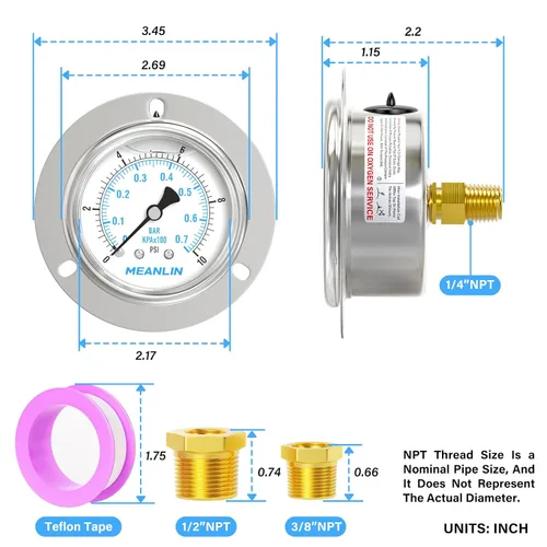 Miniatura 2 de MEANLIN MEASURE 0~10 psi Manómetro de llenado de líquido, esfera con cara de 2.5 pulgadas, montaje en panel con brida frontal, 1/4" NPT, carcasa