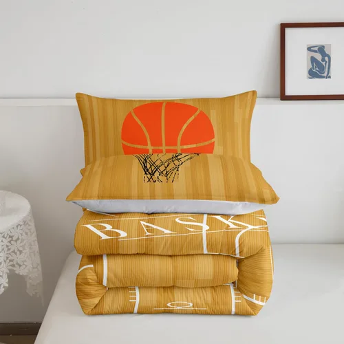 Miniatura 4 de Erosebridal Juego de ropa de cama de baloncesto tamaño individual para niños, juego de edredón deportivo para cancha de baloncesto, edredón marrón