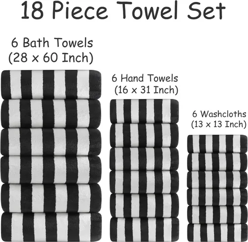 Miniatura 3 de Juego de 18 toallas de baño de rayas color blanco y negro con lazo para colgar, 6 toallas de baño, 6 toallas de mano, 6 toallas familiares, juego