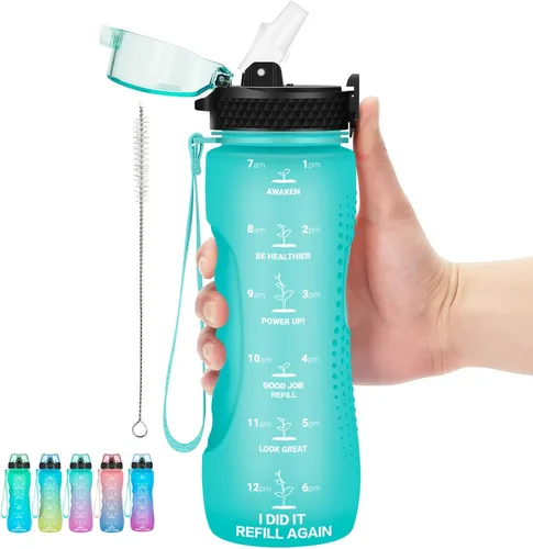 Miniatura 20 de Botella de agua motivacional para niños de 24 onzas con marcador de tiempo, tapa de pajilla, a prueba de fugas, botella de agua deportiva Tritan sin