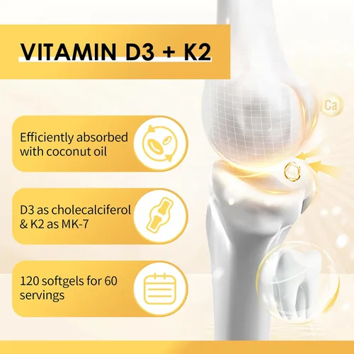 Miniatura 3 de Suplemento de Vitamina D3 K2 con Vitamina D3 5000 UI, 200 mcg de Vitamina K2 MK-7 y Aceite de Coco Natural, Fórmula 2-1 a Base de Plantas