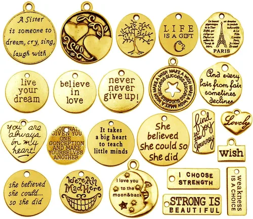40 dijes de oro antiguo con palabras inspiradoras para manualidades, suministros para manualidades, accesorios para manualidades, collares, pulseras