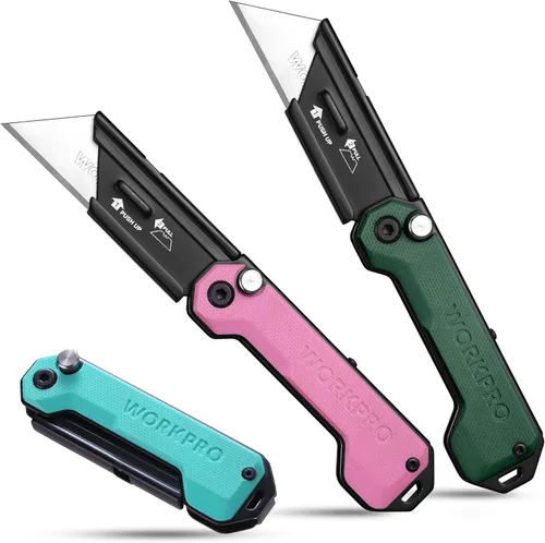 Miniatura 10 de WORKPRO Paquete de 3 cuchillos utilitarios plegables, cuchillas de cambio rápido, juego de cuchillos de bolsillo plegables EDC con clip