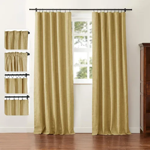 Miniatura 13 de ChadMade Cortina reductora de luz con bolsillo para barra, cortina de mezcla de lino y algodón para oficina, 96 pulgadas de largo, con pestaña Beige