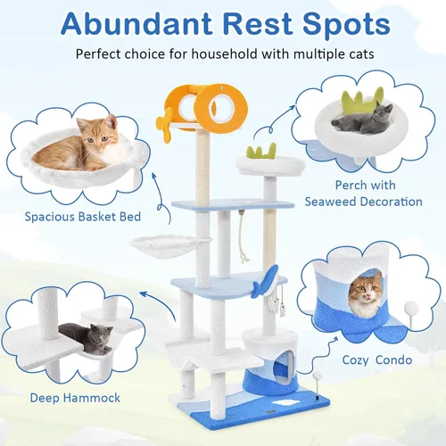 Miniatura 4 de Tangkula Árbol para gatos con temática oceánica, torre para gatos de 3 niveles con postes rascadores de sisal, condominio, perca, hamaca, juguetes