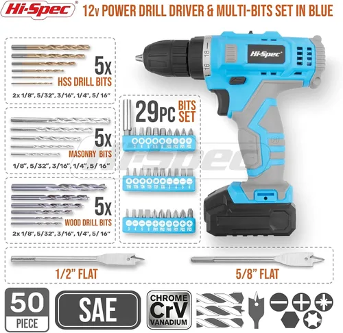 Miniatura 2 de Hi-Spec Juego de taladro inalámbrico de 50 piezas de 12 V en una caja de herramientas. Incluye batería recargable, puntas de destornillador