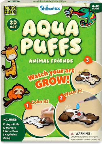 Skillmatics Aqua Puffs - Kit de arte 3D, animales, pintura sin desorden por números, manualidades para niños, actividades de color de bricolaje,
