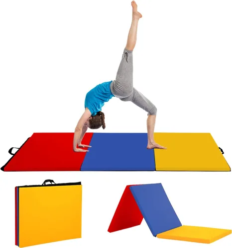 Colchoneta de gimnasia para acrobacias, plegable, tapete de ejercicio para niños, adultos, tapete de yoga de piel sintética con asas de transporte