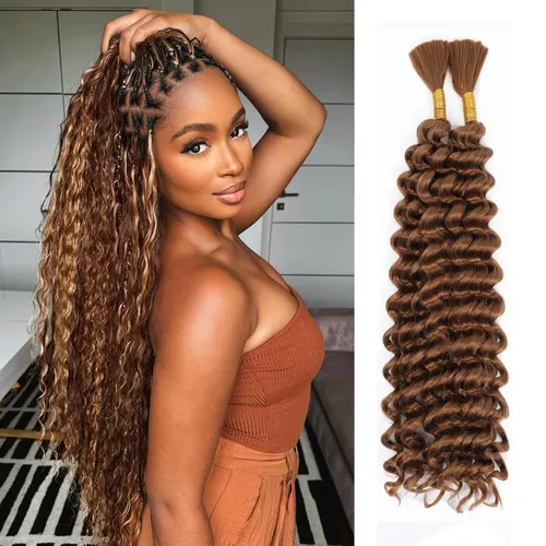 Miniatura 56 de Mezcla de cabello humano trenzado sintético bohemio para trenzar, 16 pulgadas de onda profunda a granel para trenzas bohemias, 2 piezas de cabello 1b