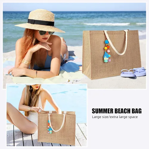 Miniatura 3 de QPEY Bolsas de yute, bolsa grande de paja para mujer, bolsas de playa tejidas impermeables, bolso de hombro con borla hecho a mano para verano