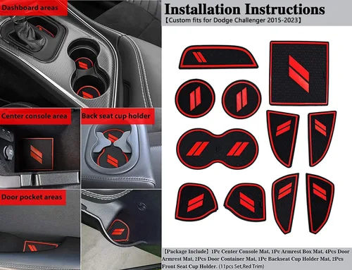 Miniatura 8 de Auprite Alfombrillas antipolvo para accesorios Dodge Challenger 2015 2016 2017 2018 2019 2020 2021 2022 2023, se adapta a la medida forros de Rojo