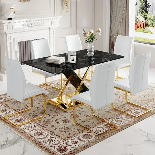 Miniatura 10 de Juego de mesa de comedor de mármol para mesa rectangular blanca de 4.63 pulgadas con marco de metal plateado en forma de X y 4 sillas de comedor