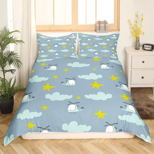 Miniatura 17 de Erosebridal Funda de edredón de avión tamaño individual, juego de ropa de cama de aviones de dibujos animados para adolescentes, color verde azulado