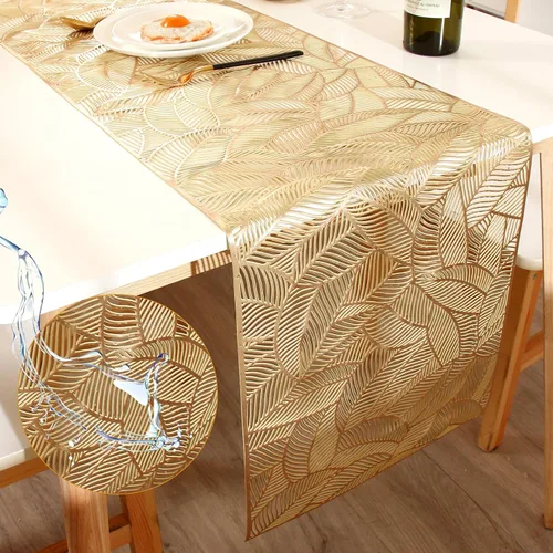 FAVE Camino de mesa dorado de 72 pulgadas de largo, resistente al calor, de vinilo calado, impermeable, lavable, para comedor, para bodas,