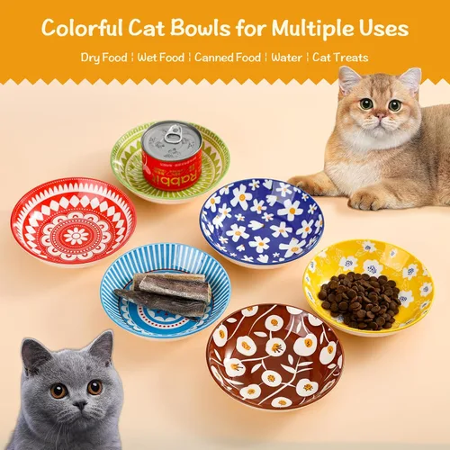 Miniatura 3 de Fairy Tales - Juego de 6 cuencos de cerámica coloridos para gatos, platos de alimentación con alfombrilla antideslizante, plato ancho poco profundo