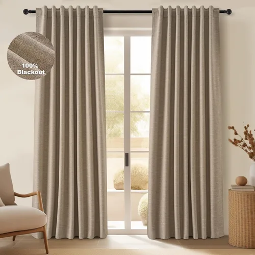 Miniatura 8 de Topfinel Cortinas opacas, blanco beige, 2 paneles, ventanas pequeñas, textura, mezcla de lino, bohemia, abedul, rural, gancho, bolsillo trasero