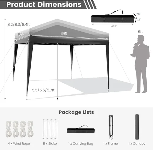 Miniatura 7 de Tangkula Tienda de campaña desplegable de 10 x 10 pies, toldo instantáneo de fácil instalación con 8 estacas, 4 cuerdas, 3 alturas ajustables, Gris